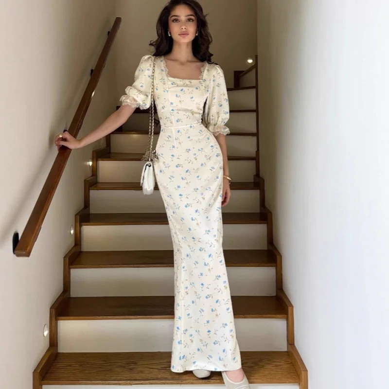 

2025Spring Slim Lace-Up Satin Printed Gentle Fairy Style Lace Dress for Women