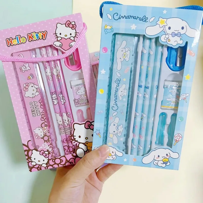 Kawaii Sanrio Stationery Set Pencil Eraser Ruler Cinnamoroll My Melody Kuromi Painting Primary School Supplies for Student Gifts