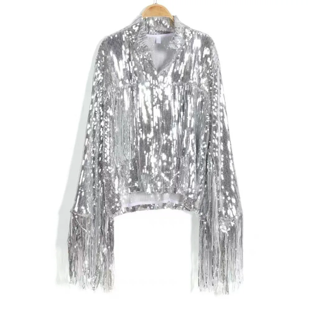 Female Jackets Stage Costume Reflective Tassel Sequin Blazer Outwear Tops Retro Long-sleeved Coat Streewear Solid Outer Wear