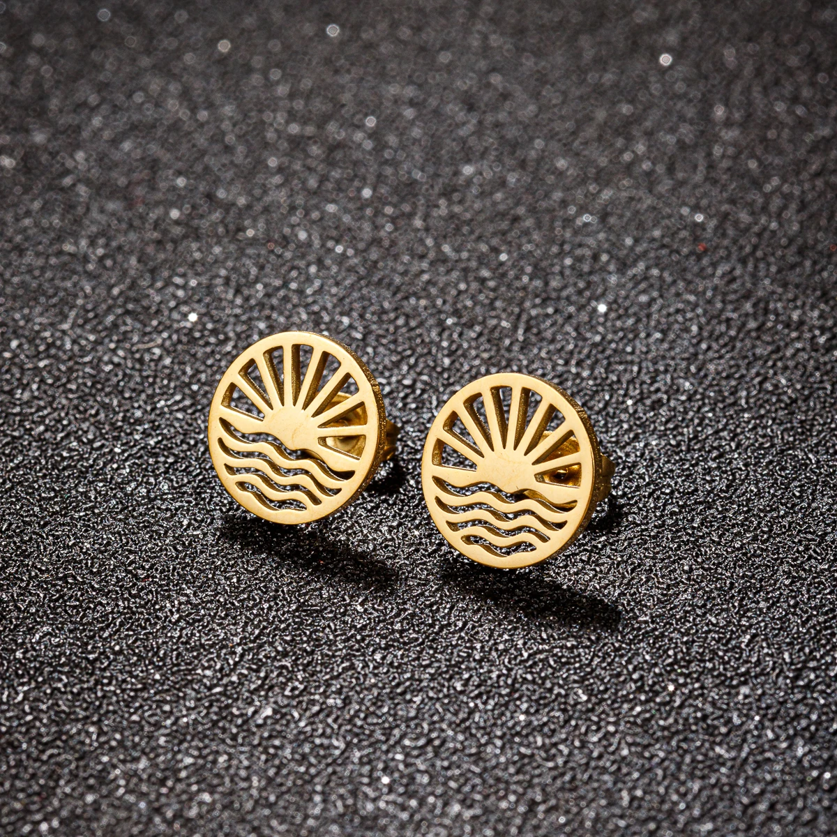 Ocean Wave Sun Rise Stud Earrings For Women Hollow Geometric Star Stainless Steel Gold Ear Piercing Summer Earrings Aretes