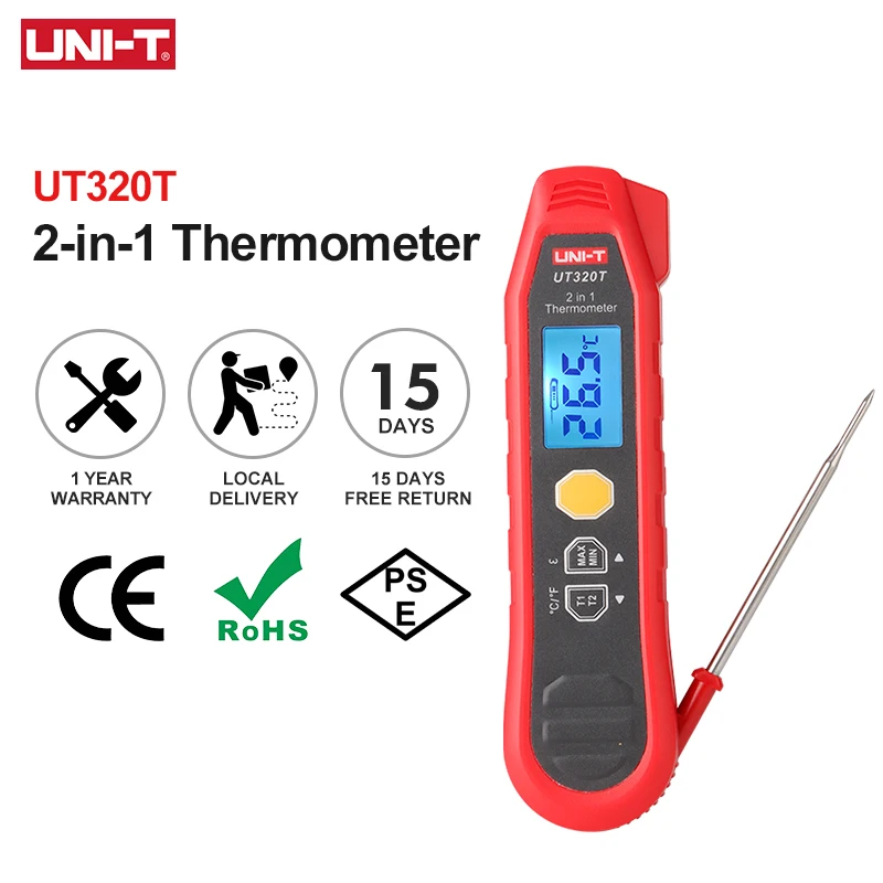 

UNI-T 2-in-1 Infrared Thermometer UT320T Digital Thermometer Temperature Meter Probe Measurement -40℃~300℃