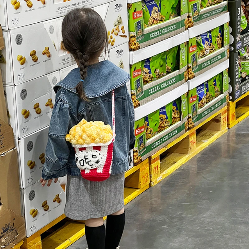 Borsa a tracolla per bambini borse all'uncinetto di lana per donna borse da principessa per bambini borsa diagonale per cellulare con bambola di Popcorn per donna