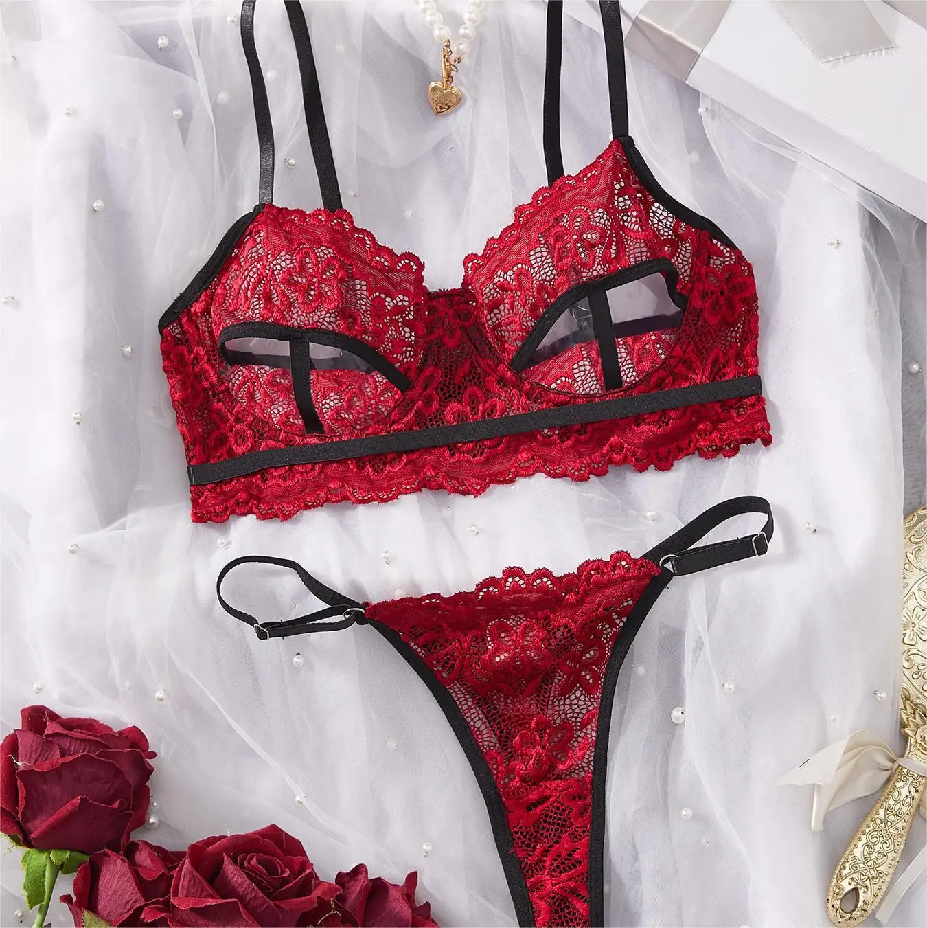 Women Lace Sexy Lingerie Suits Strap Backless Bra+Mini Briefs Sensual Two Pieces Sets Hollow Out Sheer Underwear Suits