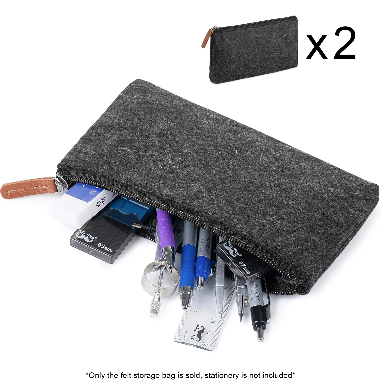 2er-Pack Bleistiftbeutel, Stiftetui aus Filz für Studenten, Schreibwaren, Reißverschlusstasche für Stifte, Bleistifte, Textmarker, Gelstift, Marker, Radiergummi
