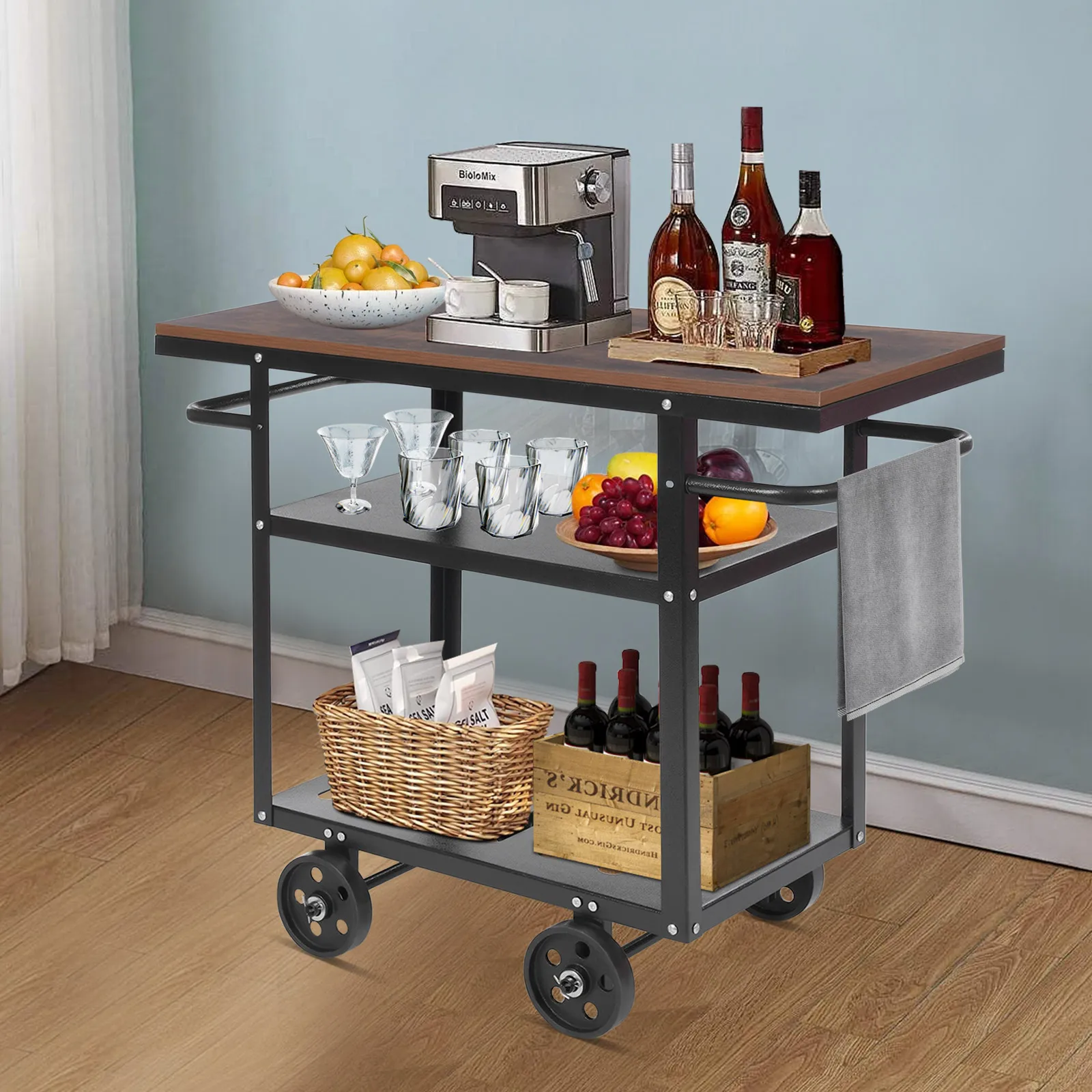 3 Tier Industrial Mobile Serving Cart With Wheels, Rolling Kitchen Storage Trolley With Side Handles, Particle Board & Carbon Steel Utility Cart For Cafe Restaurant Bar Home image 3