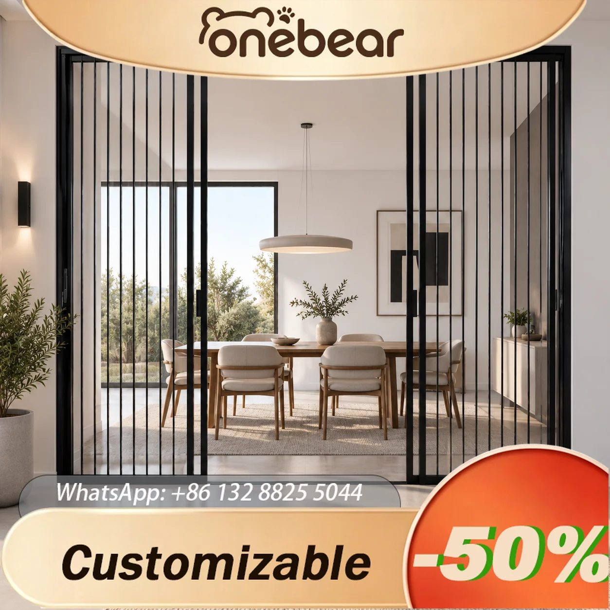 Customizable Aluminum Alloy Sliding PVC Door, Black Frame Room Divider, Modern Waterproof Partition For Home Office Living Room