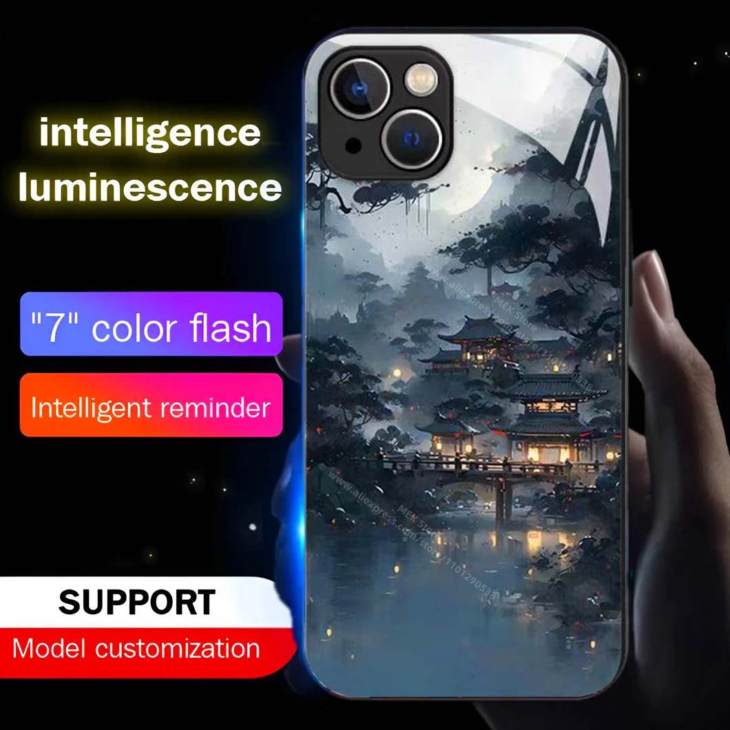 Old Moonlit Night Pattern LED Light Up Phone Case Glowing Back Cover For iPhone 16 15 14 13 12 11 Pro Max X XS XR Plus SE