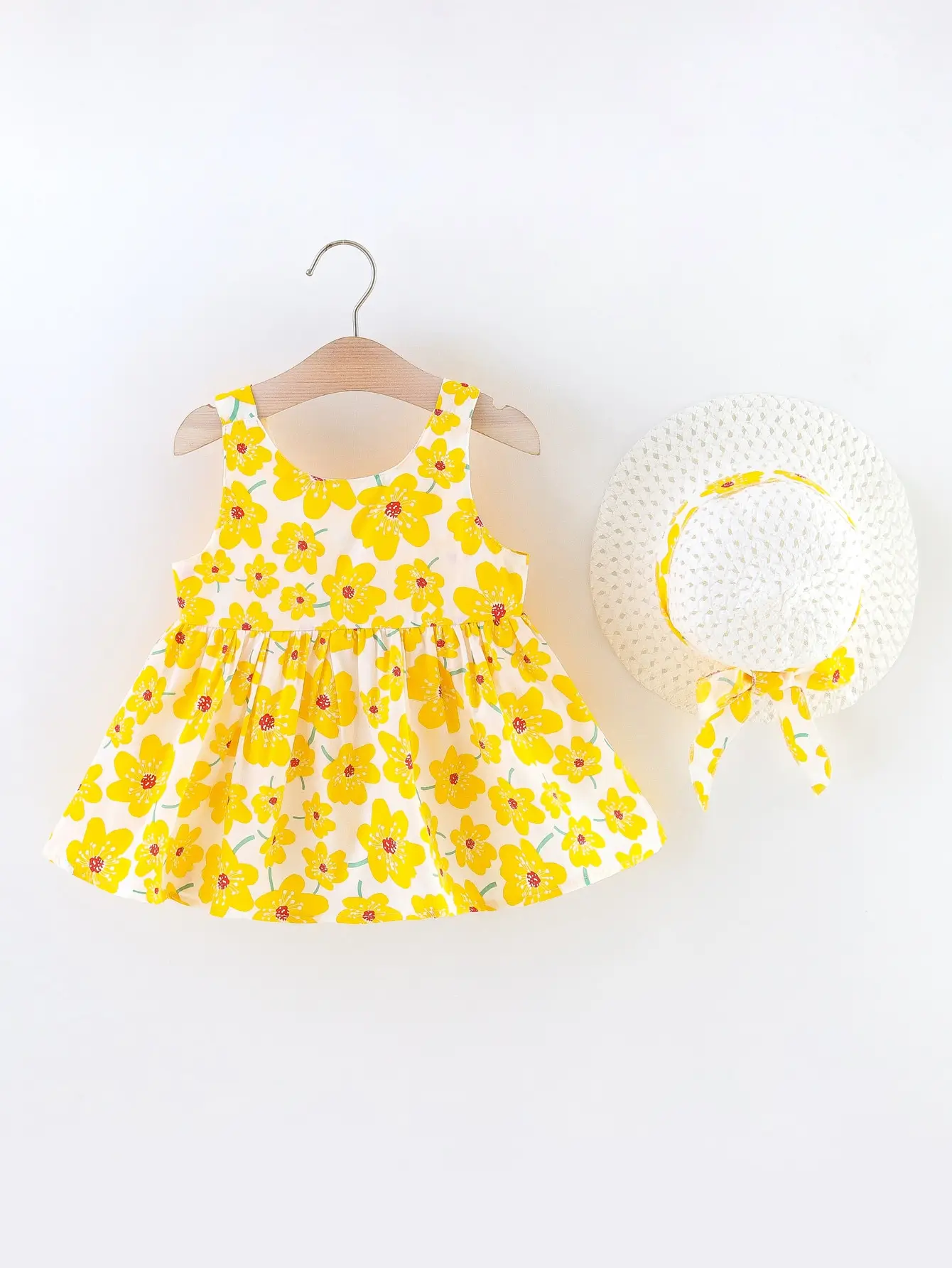 Baby girl summer new sweet breathable travel holiday wind sleeveless dress + hat yellow small floral print casual cute suit