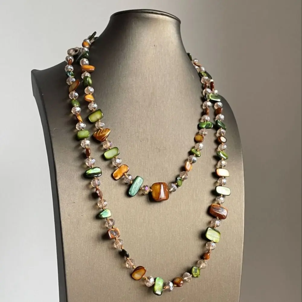 Bohemian Antique Necklace Shell Beaded Vintage Long Necklace Colorful and Green Stackable Double Layers Necklace Women Girls