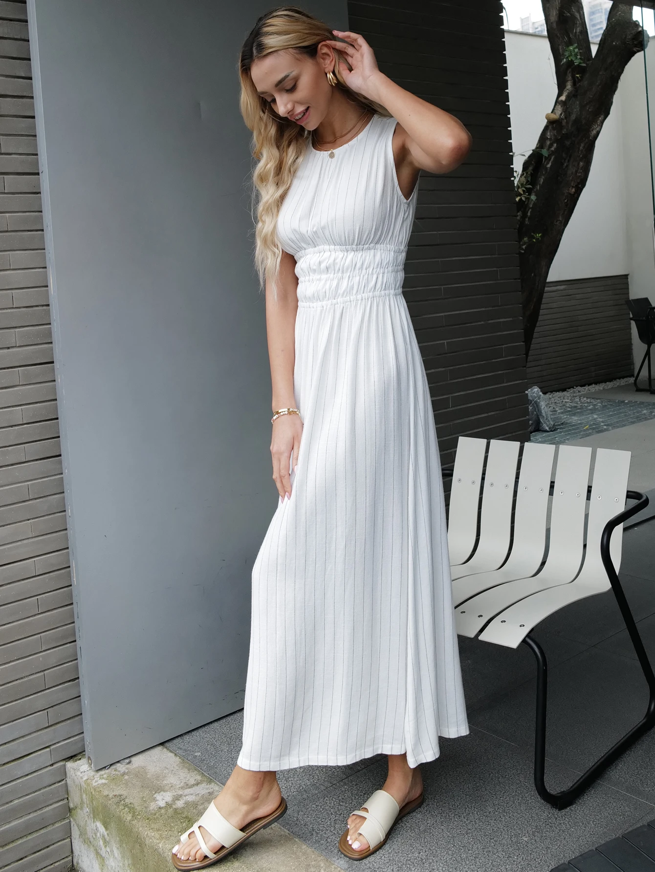 2024 Summer New Design Fashion Linen Viscose Striped Long Dress