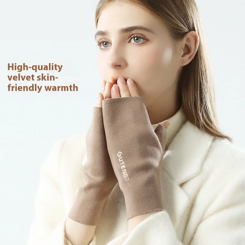 Autumn And Winter German Velvet Half Finger Gloves For Women Winter Student Writing Office Typing Exposed Five Fingers, And Velvet Warm Gloves_maomaolike.com