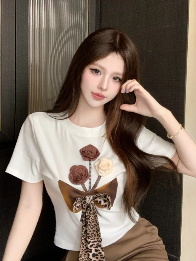 

Unique Beautiful Floral Silk Scarf Short Sleeve T-Shirt Women Summer Pure Desirable American Short Shoulder Small Top