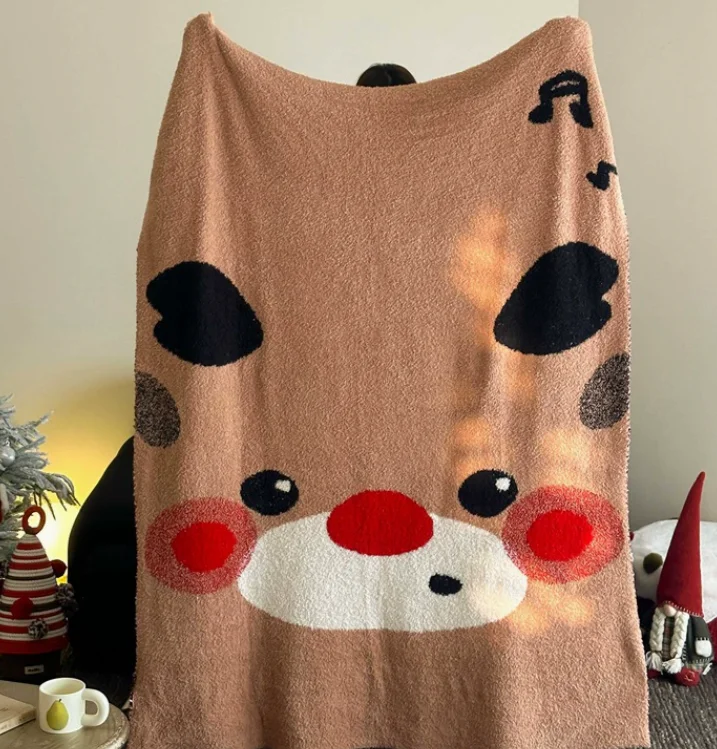 Brown Xmas Rudolph Red Nose Reindeer Face Flannel Blanket Soft Warm Throw Blanket Cute Cartoon Holiday Home Decor Cozy Blanket