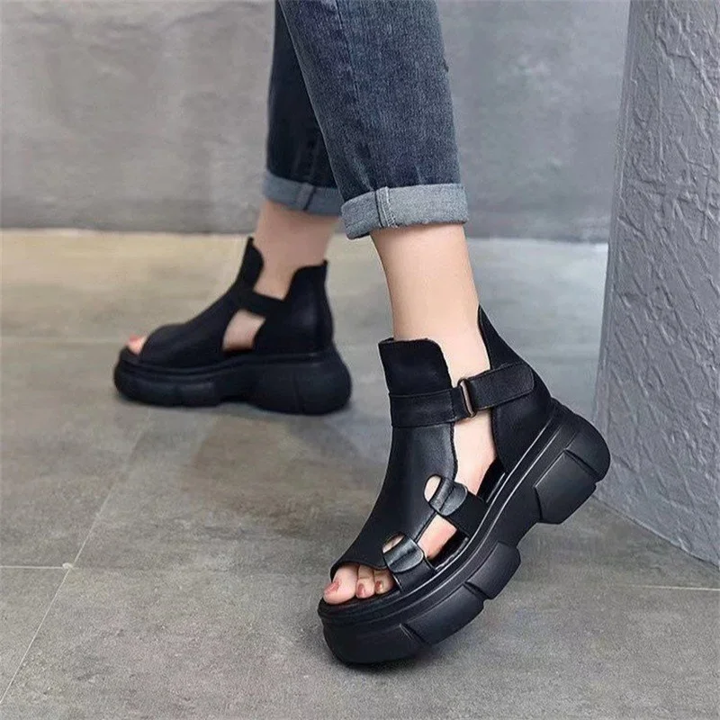 PU Leather Retro Shoes Women Sandals New Ankle Boots Summer Handmade Hollow-out Lace-up Casual Platform Comfortable Sandals