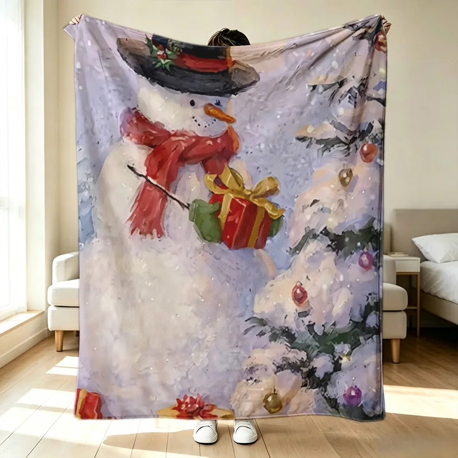 1PC snowmen gift snowy Christmas tree printed flannel blanket, 2D single-sided printed holiday sofa bed decorative blanket