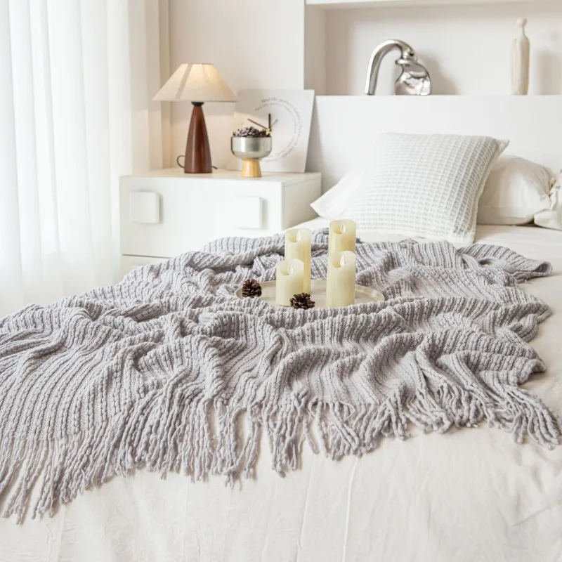 1pcs Acrylic Nordic Solid Knitted Tassel Throw Blanket  For Living Room Napping Homestay Decor Cozy Household Fabric Cover