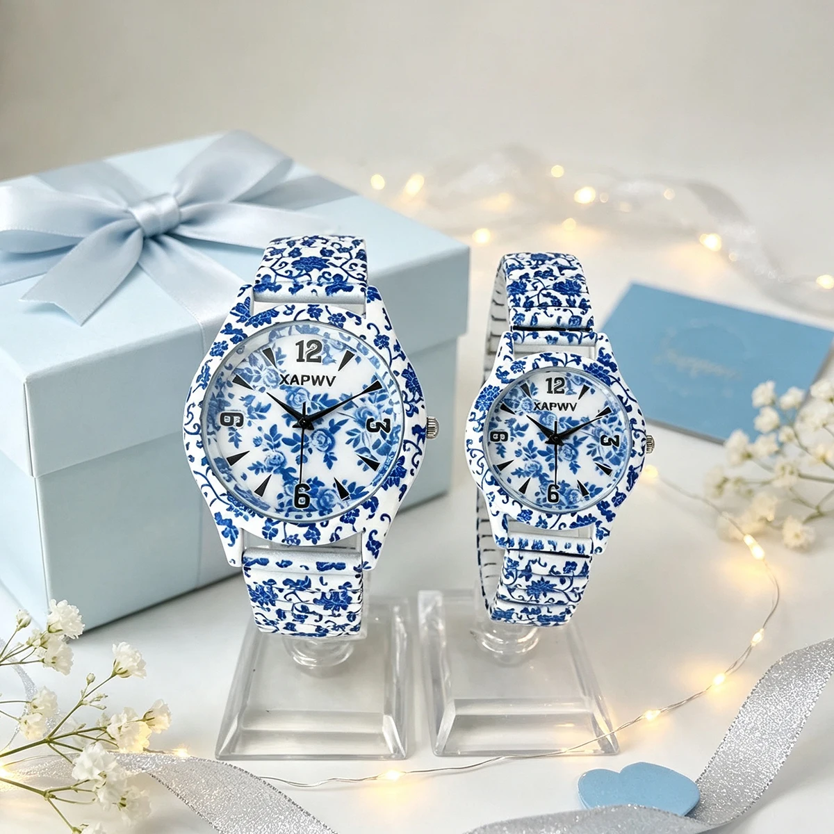 Couple's Pair of Quartz Watches, New Niche Luxury Blue and White Porcelain Women's Watch with Elastic Strap, Fashionable Wristwatch