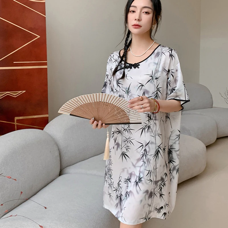 Traditional Chinese Style Nightdress Sleepshirts Women Qipao Dress Loose Short Sleeves Cheongsam Button Floral Print Nightgown