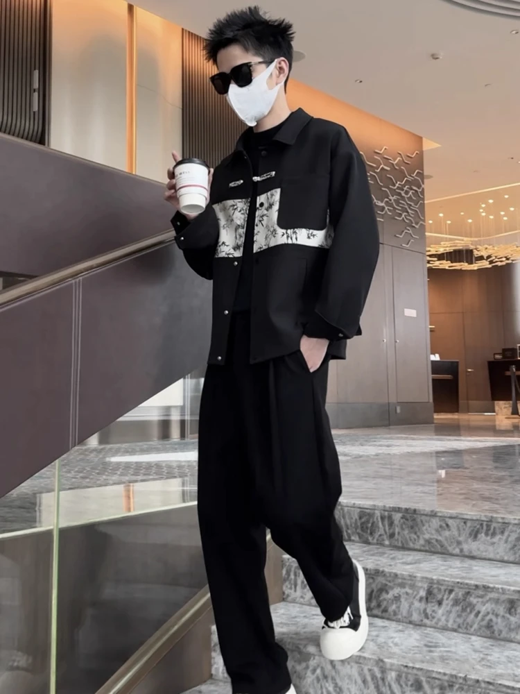 

New Chinese Sle Men's Jaet Spring Autumn Faion Splicing Outerwear Stand Fit Color Blo Polyester Long Sve