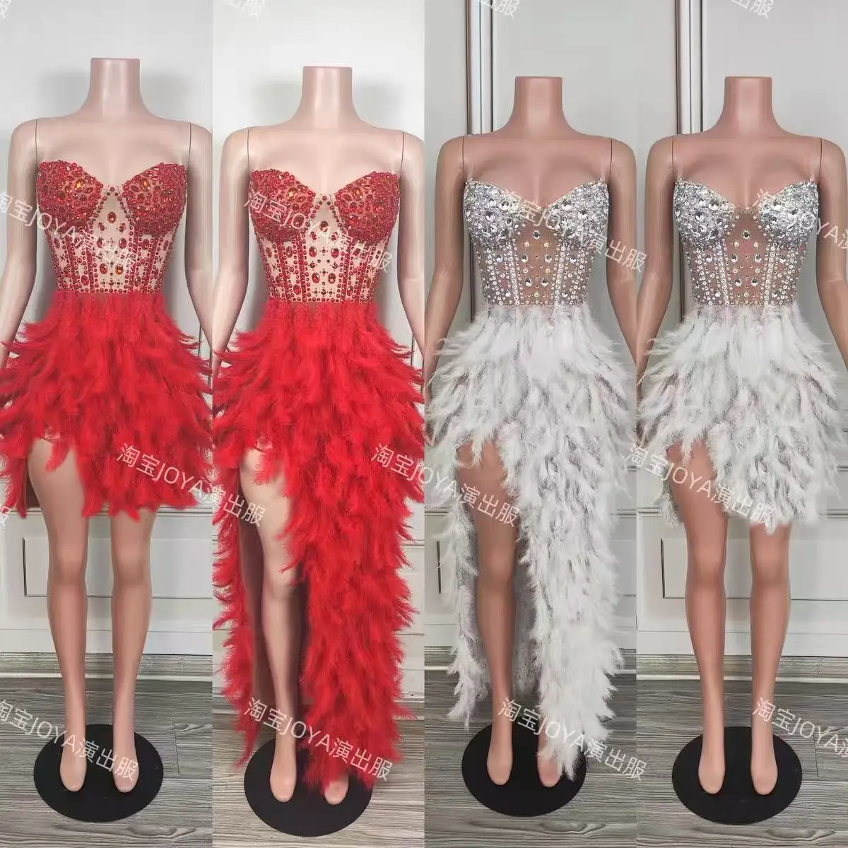 Feminino elegante festa de noite aniversário desempenho photoshoot traje luxo brilho vermelho strass pena sexy malha vestido longo