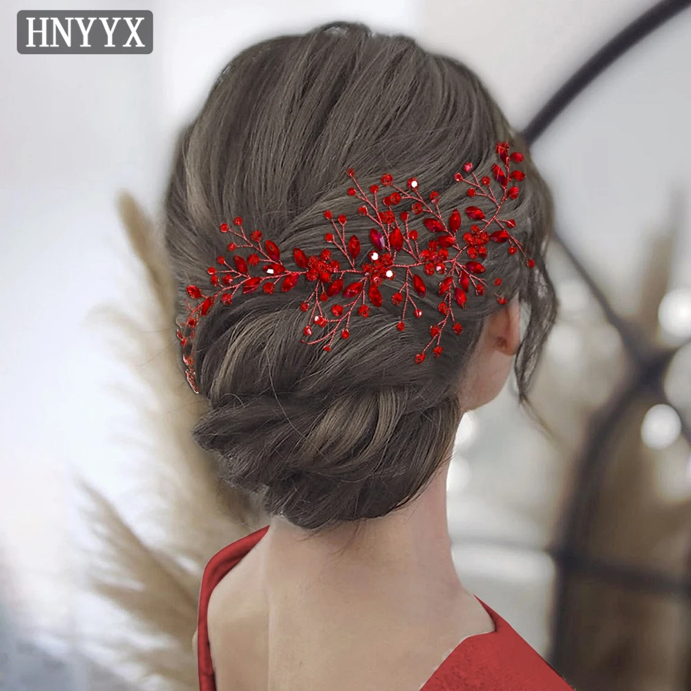 HNYYX Red Rhinestone Headpieces Bride Wedding Hair Accessories Shiny Crystal Flower Headpieces Women Jewelry Tiara A225