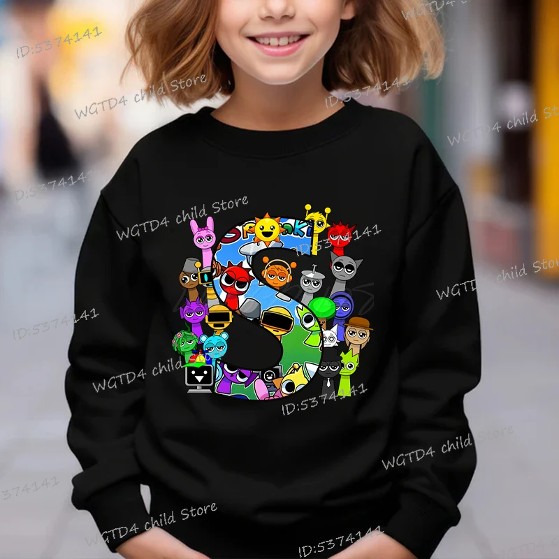 سويت شيرت أسود Sprunki Kawaii الأبجدية ملابس أطفال موضة بنين بنات كم طويل بدون غطاء للرأس بلوفر كارتوني لعبة الرعب