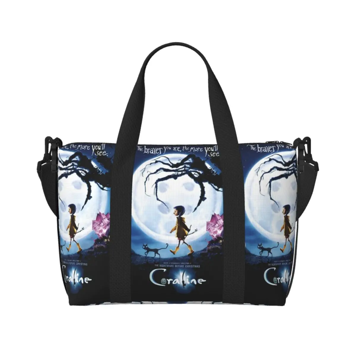 

Custom Coraline Twitchy Witchy Girl Groceries Shopping Tote Bag Women Big Capacity Horror Movie Gym Beach Travel Bags