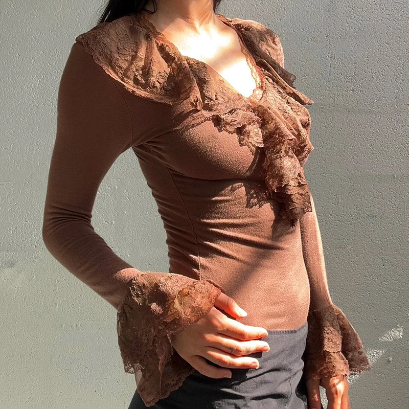 2025 rendas retalhos manga alargamento t camisa feminina com decote em v manga longa t camisas mulher sólida magro curto topo moda roupas femininas