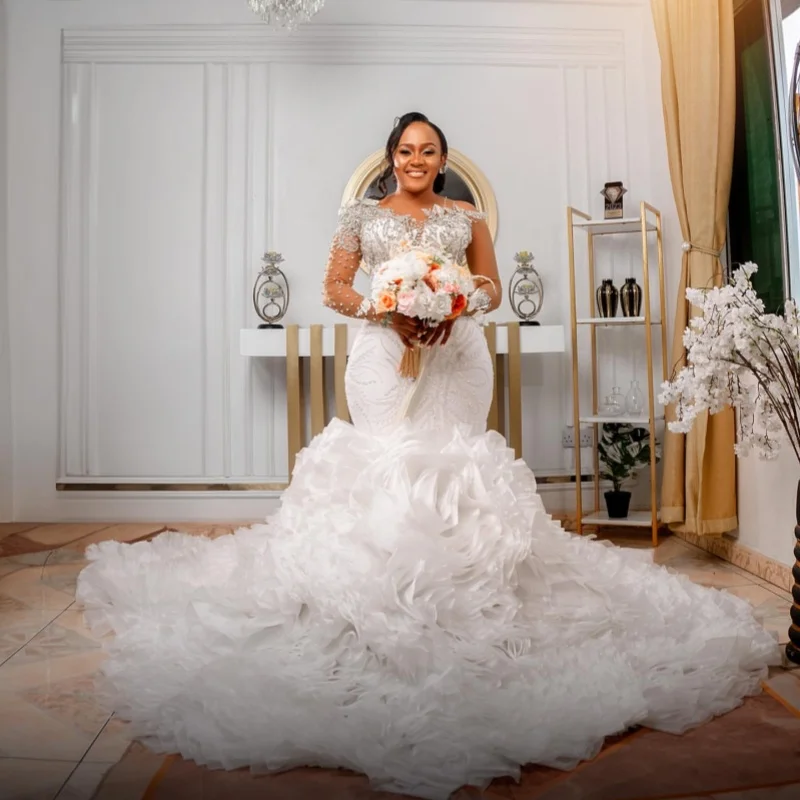 

Ruffled African Wedding Dresses Black Girls Mermaid Long Sleeves Bead Aso Ebi Women Muslim Bridal Gowns Saudi Arabia Customized