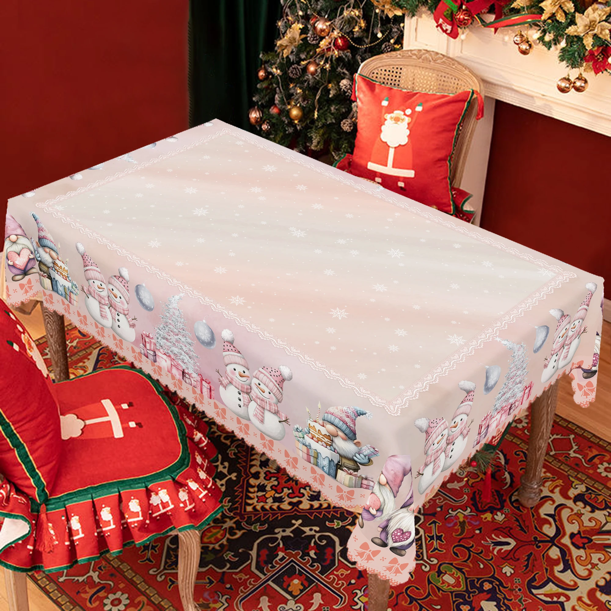 1-delig rond en rechthoekig tafelkleed met kerstthema, verkrijgbaar in verschillende maten, met kerstroze sneeuwpoppen en bosprintpatronen, sneeuwvloktafelkleed geschikt voor dagelijks gebruik in de keuken, terras en een nieuwjaarscadeau