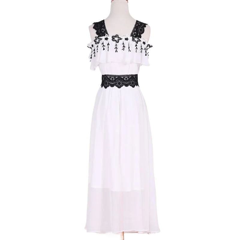 

2024 Summer New Style Long Dress Women White Stitching Black Lace Strapless Embroidered Dress Female Student Self-Cultivation