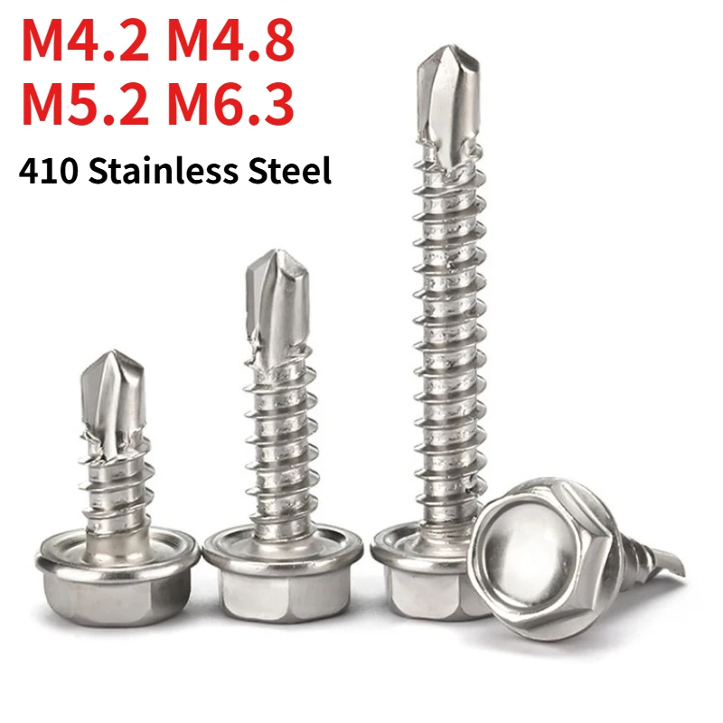 M4.2 M4.8 M5.2 M6.3 DIN7504K SUS410 Hex Flange Self Drilling Screws, Metal Roof TEK Screws Self-Tapping Drill Bit Screw