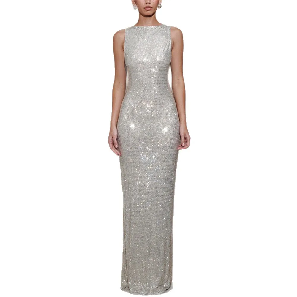 Sexy Sleeveless Sequin Evening Dress with Back Slit, Party Jumpsuit Playsuit Matching Set