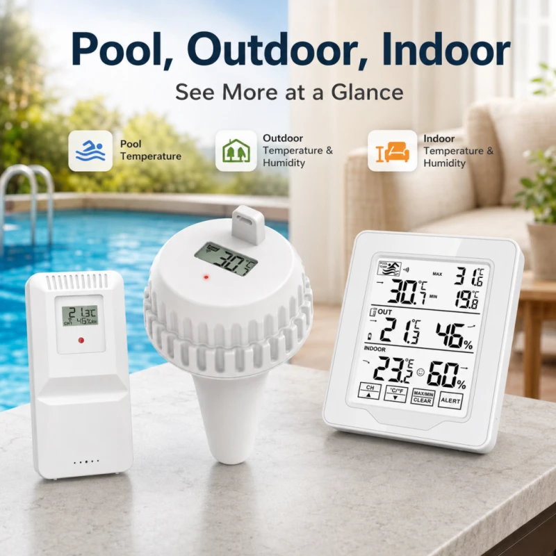 Wireless Pool Temperature Meter Floating Easy-to-Read Indoor/Outdoor Thermometer Hygrometer Large Screen Real-Time Water Tempera