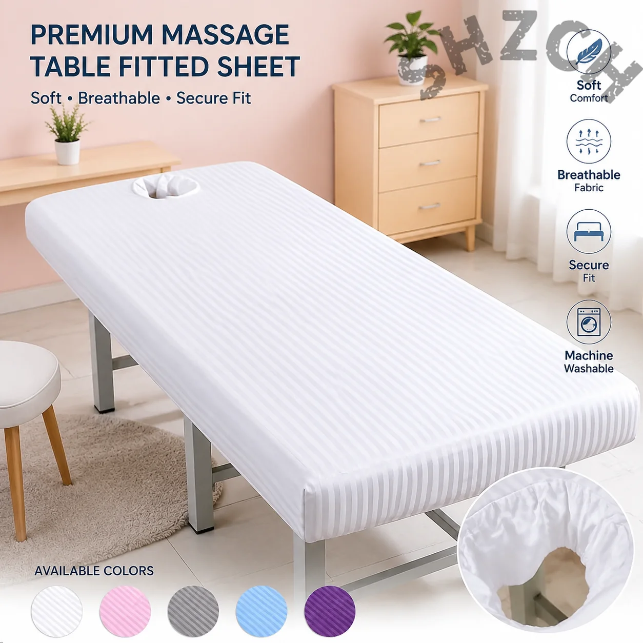 80x190cm Massage Bed Sheet Fit with Elastic Rubber Band Striped Washable Breathable Fabric Sheet Face Opening SPA Clinic Cover