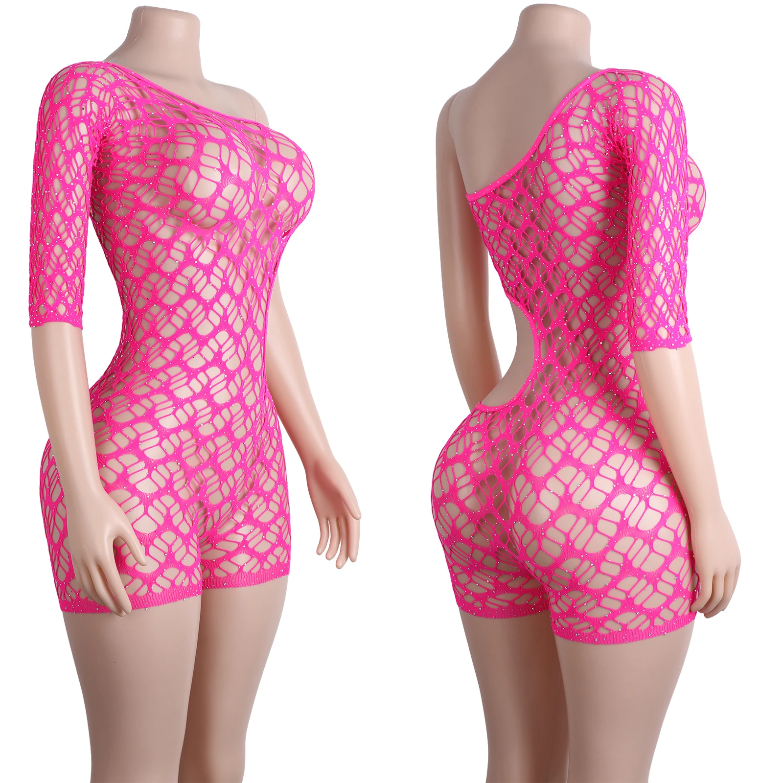 

Asymmetrical Shorts Fishnet Sleeve Bodysuit Rhinestone Exotic Dancewear Performance Club Outfit Adult Sexy Night Costume Apparel