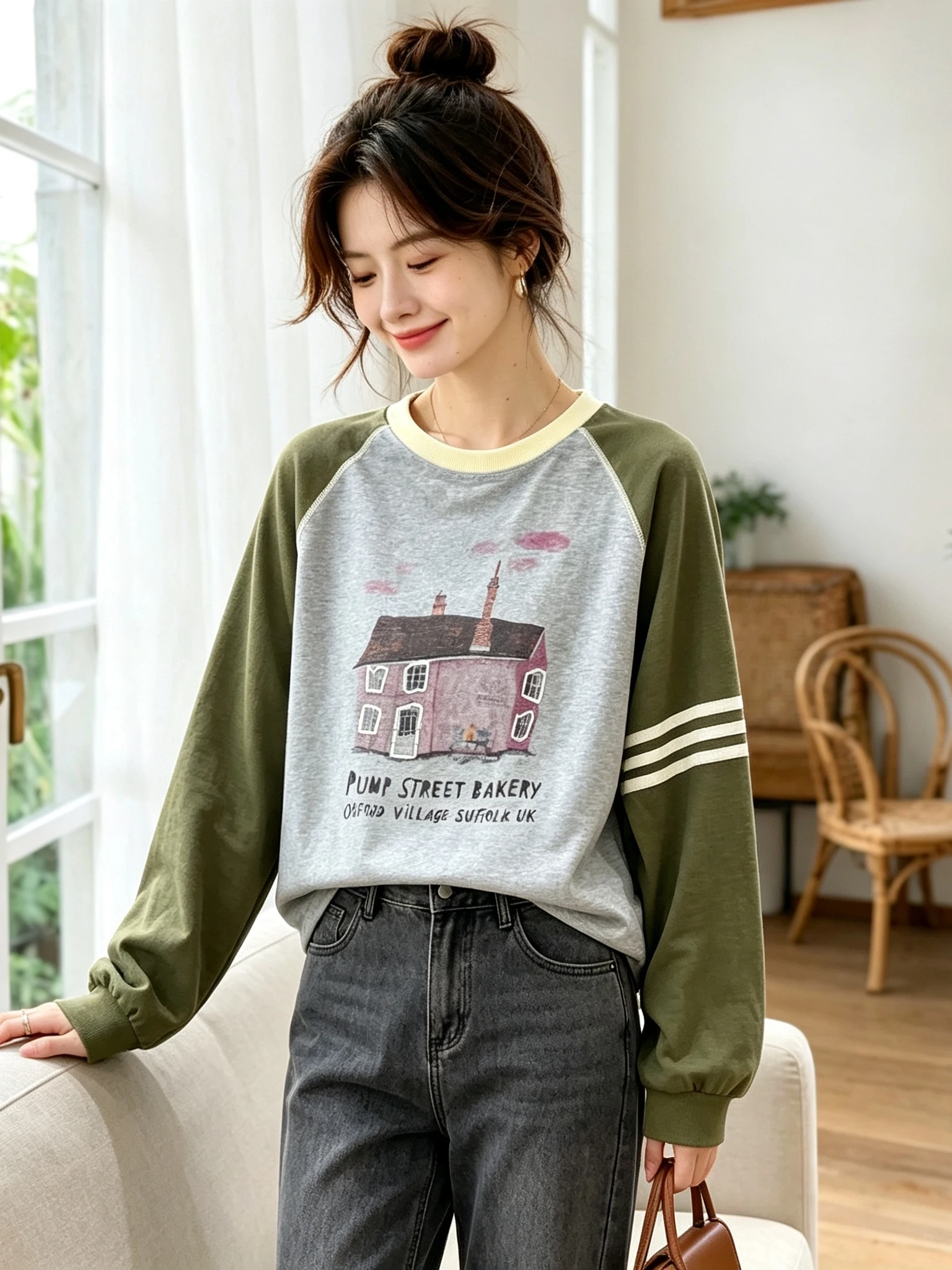 Retro American Long Sleeve T-Shirt Women's Spring Autumn New Style House Cartoon Print Color Block Striped Lazy Top