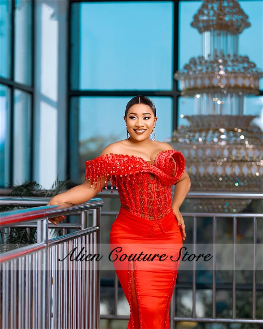 Vestido de noche de sirena con purpurina roja, traje de fiesta de compromiso de boda con diamantes de imitación de cristal y borlas, personalizado, 2025