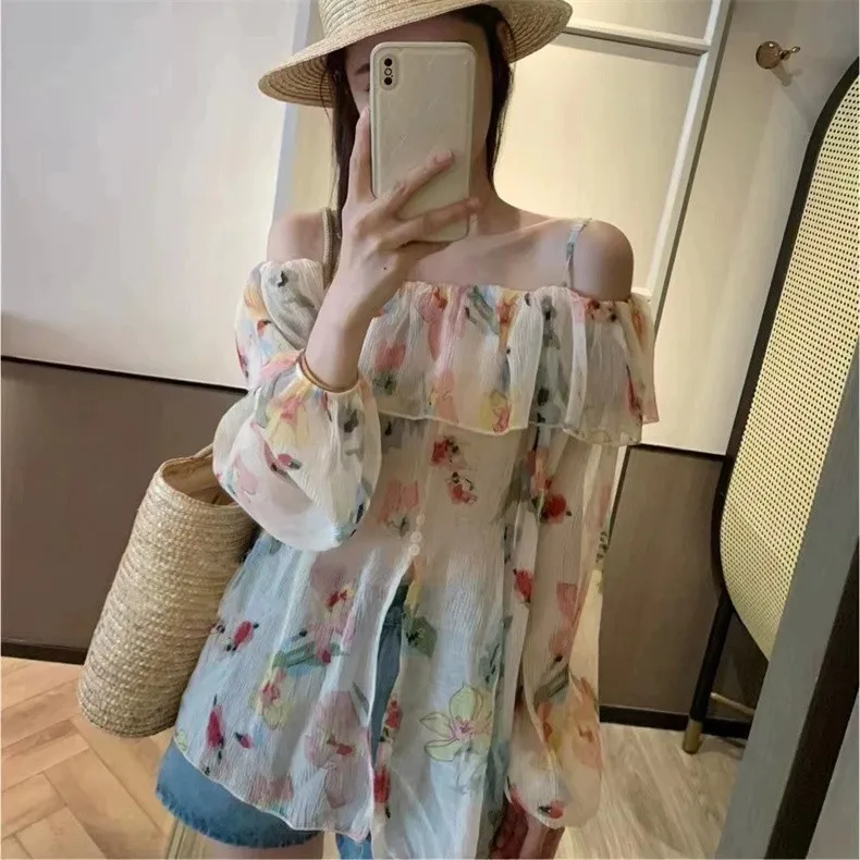 Summer New 2026 Feminine Chiffon Slash Neck Sweet Ruffled Tops Lantern Sleeve Floral Print Loose Fit Lightweight Flowy Gentle