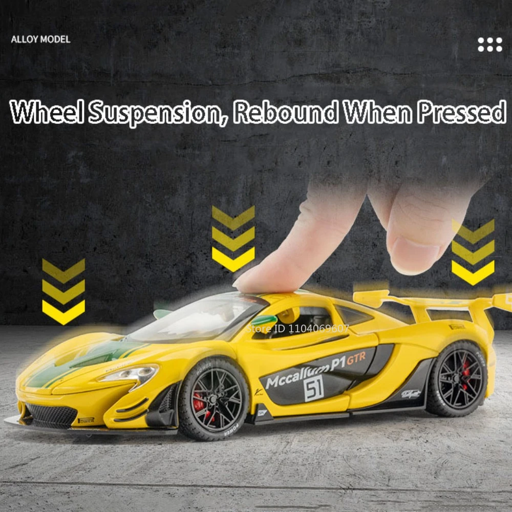 合金ダイキャストスポーツカー,男の子用おもちゃ,オープン,効果的,音と光,金属ボディ,レーシングカー,ギフト,P1 GTR, 3ドア,1:22