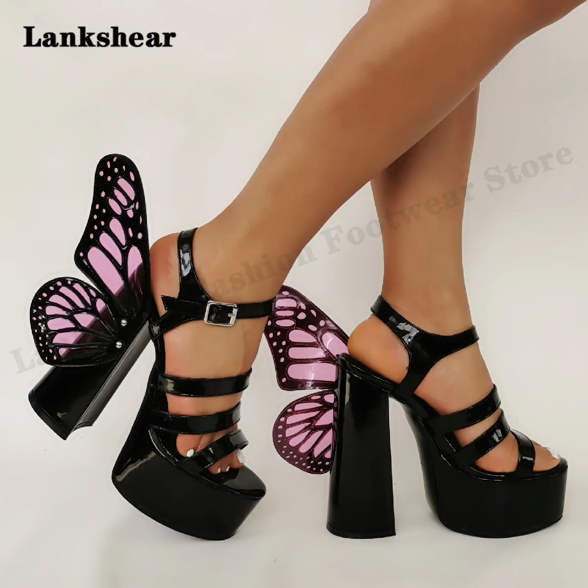 

Butterfly Strap Buckle Sandals Platform Super High Chunky Heel Sandals Peep Toe Women Shoes Large Size 36-46 High Heel Sandals