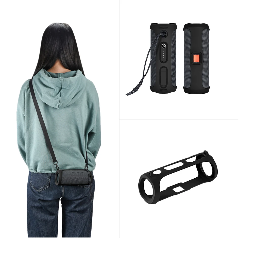 Soft Speaker Sleeve with Shoulder Strap and Carabiner Speaker Protective Cover Speaker Anti-fall Shell for JBL FLIP ESSENTIAL 2