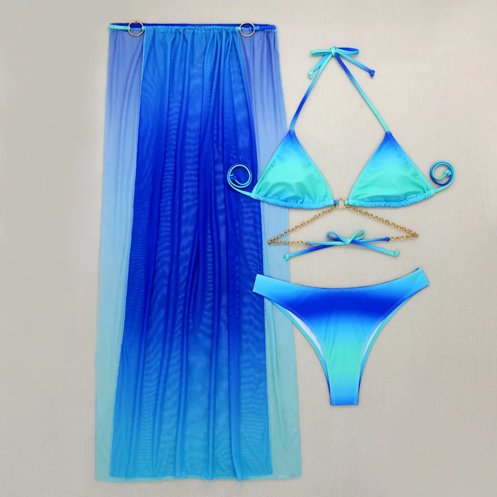 Women Sexy Blue Gradient Three-piece Cover Up Swimsuit Bikini Set