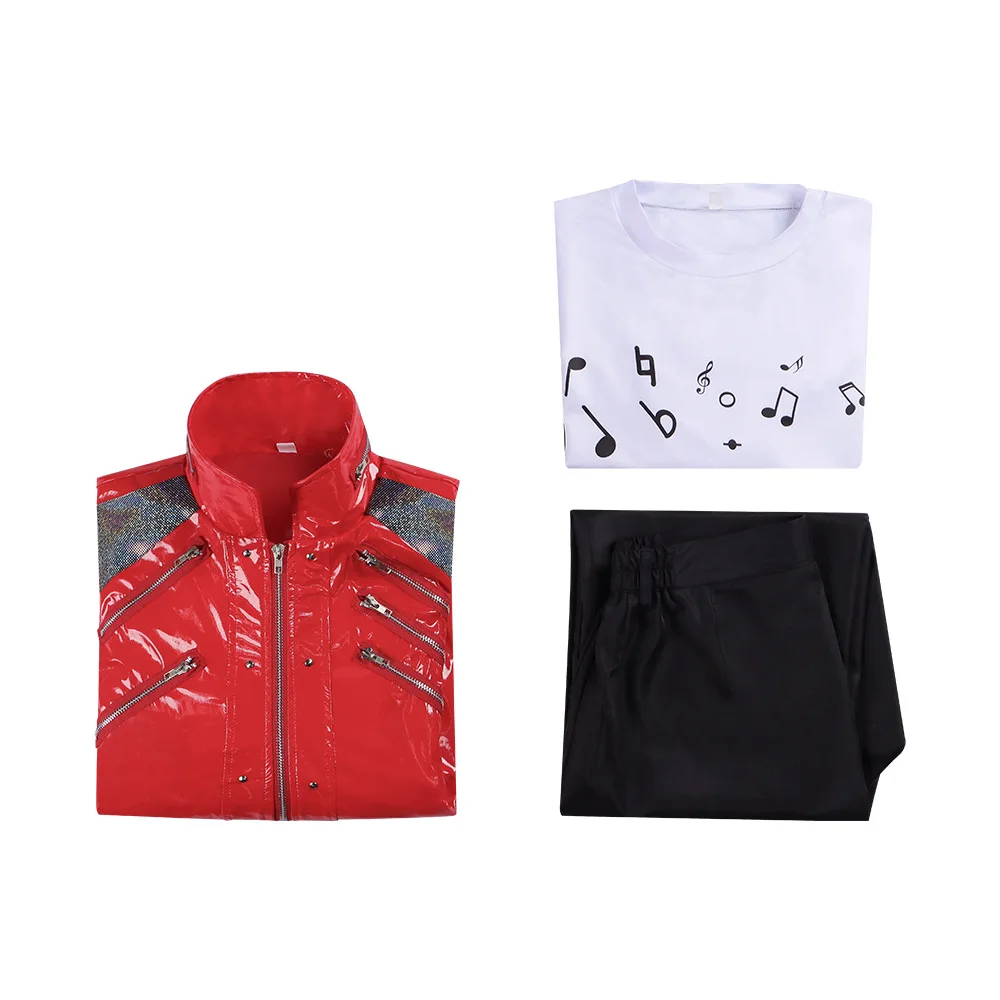Men Red Leather Jacket Michael Jackson Cosplay Costume Music Note T-shirt Pants MJ Stage Performance Outfit Halloween Party Suit view 5