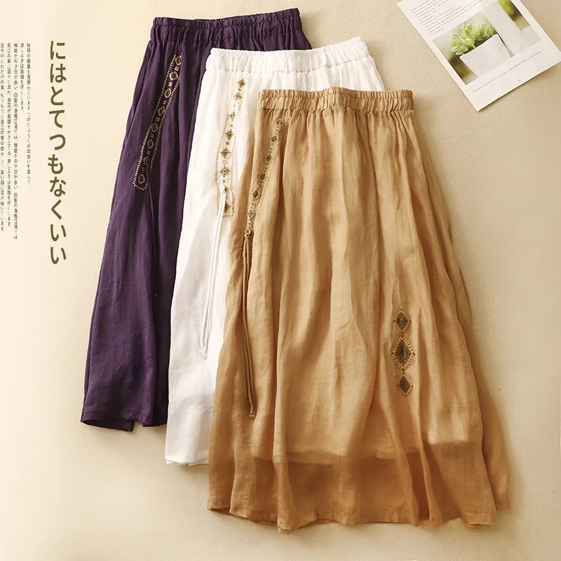Summer New Solid Color Ramie Embroidery Skirt for Women Thin Ethnic Style Double-layer Skirt