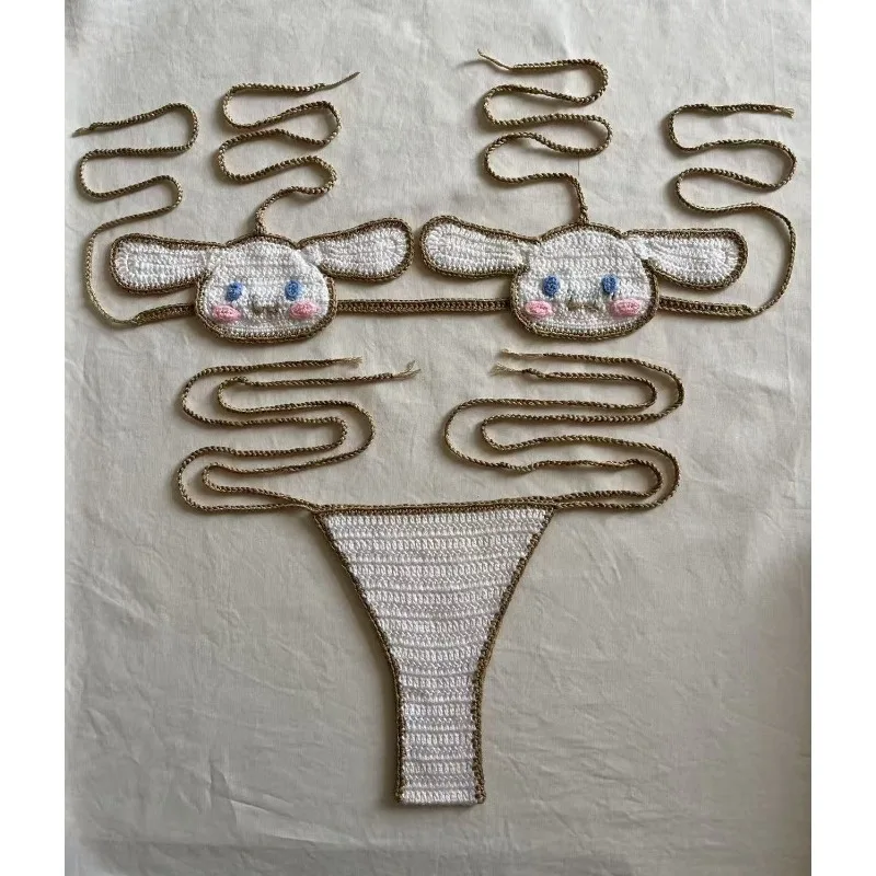 2 قطعة مجموعة البيكينيات الكروشيه اليدوية لطيف Kuromi سانريو الفتيات مثير ملابس السباحة الكرتون حزام المرأة بيكيني ثوب السباحة ملابس الشاطئ