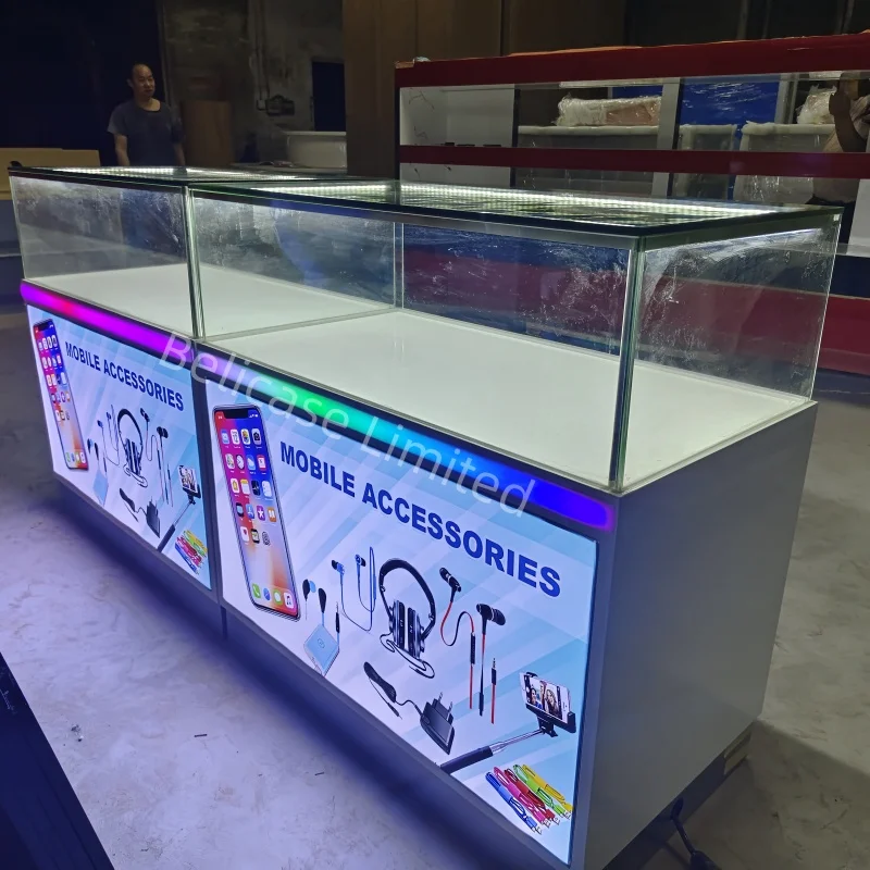 Customized. customized glass cell phone display showcase lockable phone shop display cabinet with LED light mobile phone showcas