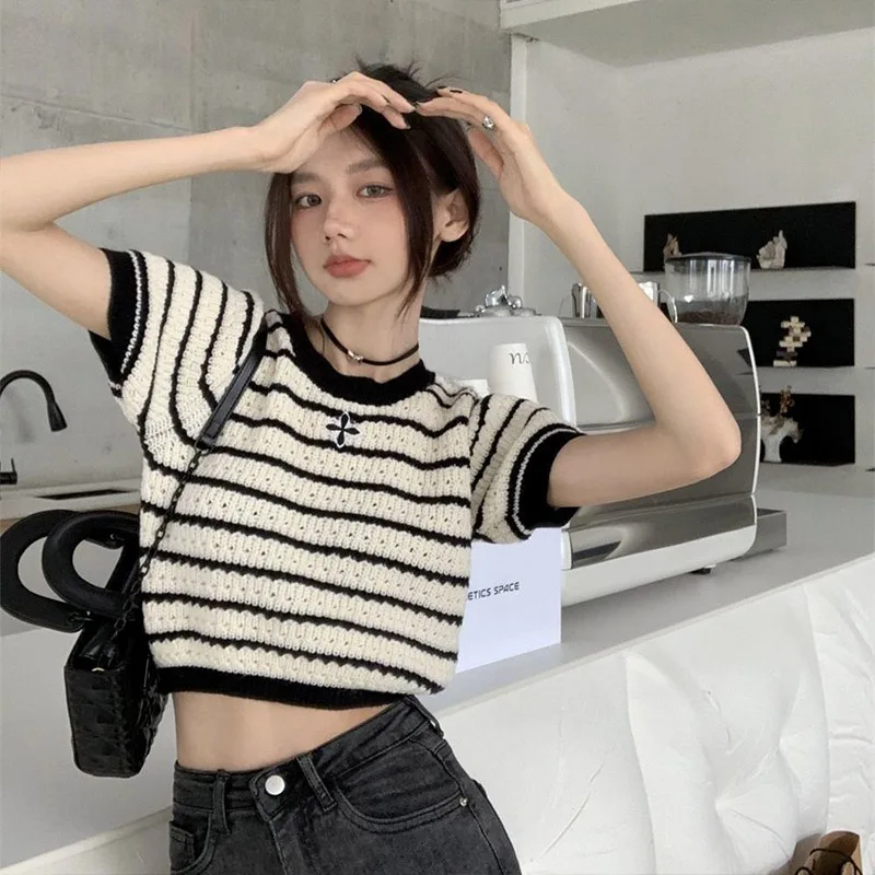 Women Clothing Cross Hollow Striped Sweater Summer New French O-neck Short Sleeve Knit T-shirt Casual Loose Chic Short Top Tees