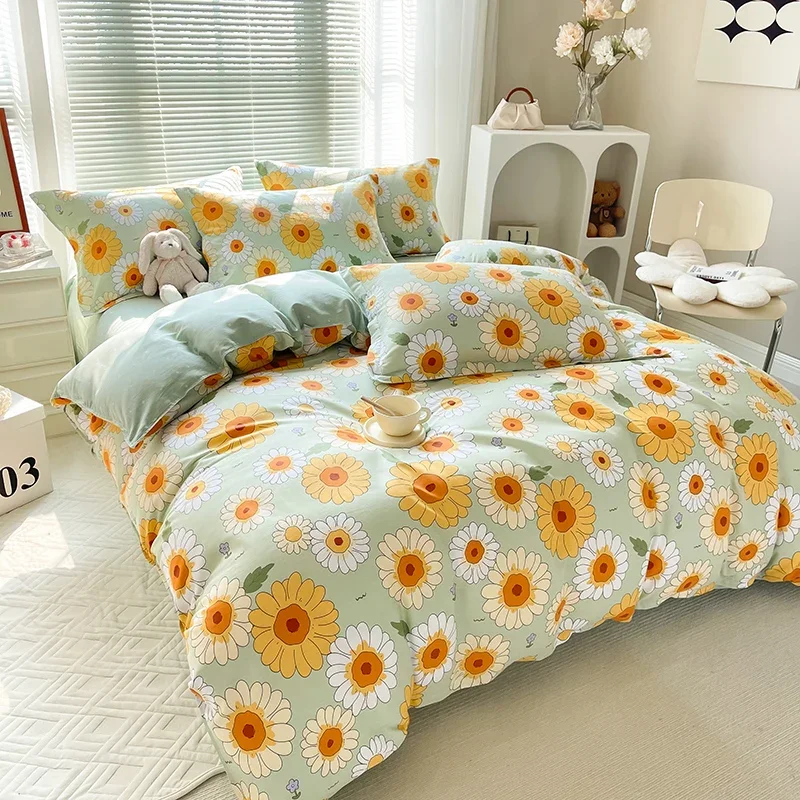 Groovy Flower Duvet Cover 70s 80s Floral Boho Bedding Set Queen Size, Hippie Vintage Flowers Comforter Cover Cotton Bedclothes