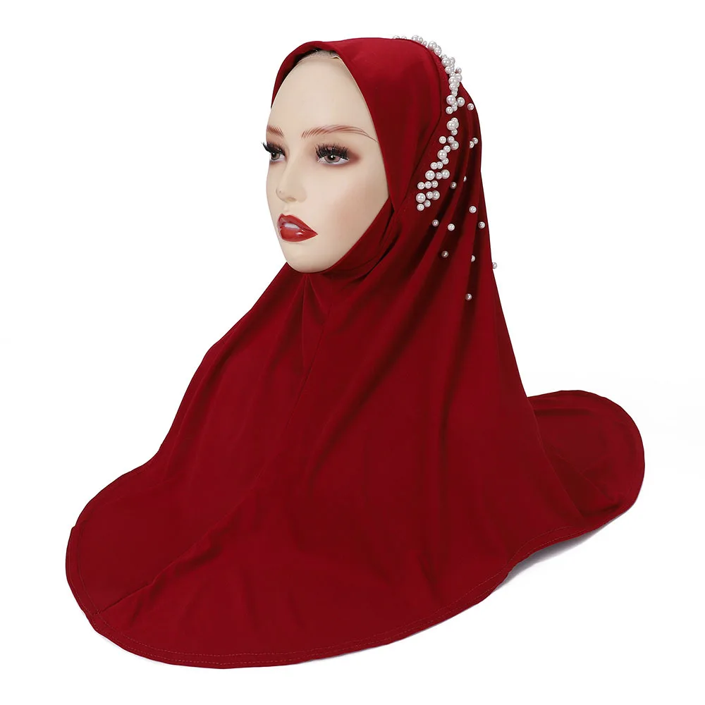 Double-layered Pearl Decorated Hijabs Women Elastic Gauze Muslim Scarf Full Cover Inner Islamic Headscarf Shawls